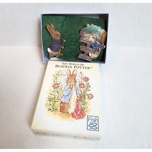 Vintage Peter Rabbit Pin Set Fish & Crown 22k Gold Plated‎ 1992 Brooch